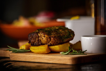 beef cutlet, steak with grilled potato