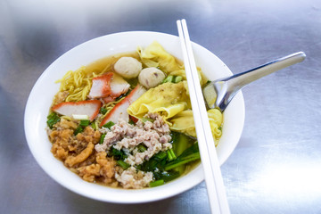 Close up noodle and dumpling asian food style ready to eat