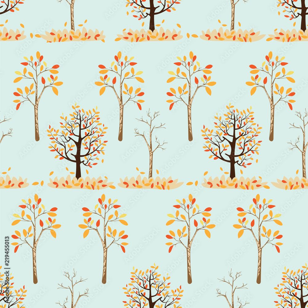 Aufkleber seamless pattern of autumn trees with leaves falling in green background