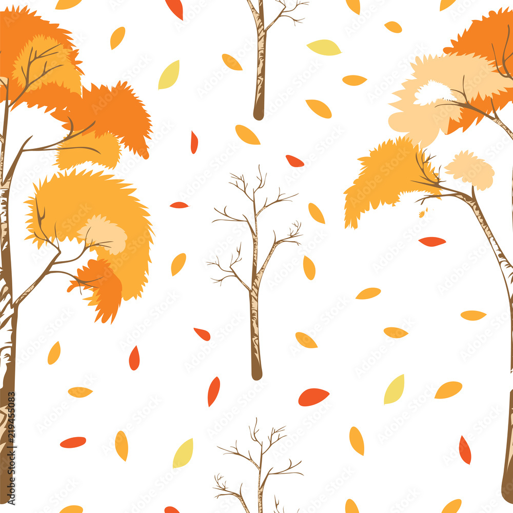 Aufkleber seamless pattern of autumn trees with leaves falling in white background