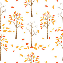 Seamless pattern of autumn trees with leaves falling in white background