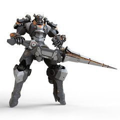 Robot warrior holds a large lance with both hands. A science-fiction mech in a standing pose. Futuristic robot with white and gray color metal. Mech Battle. 3D rendering on a white background.