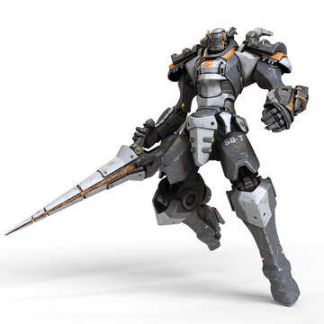 Robot warrior with a large lance in one hand. A science-fiction mech in a jumping pose. Futuristic robot with white and gray color metal. Mech Battle. Orange paint. 3D rendering on a white background.