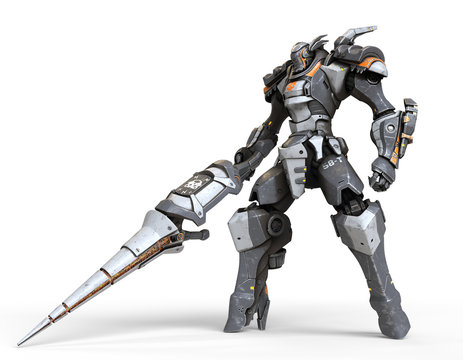Robot warrior with a large lance in one hand. A science-fiction mech in a standing pose. Futuristic robot with white and gray color metal. Mech Battle. Orange paint. 3D rendering on a white background