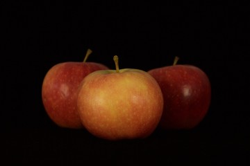 Single or group of apples including granny smith, golden delicious and royal gala on a black background.