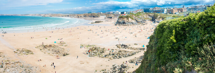 Landscape Panorama of Towan Beach and Great Western Beach Newquay (Tewynn Pleustri) West Cornwall South England UK