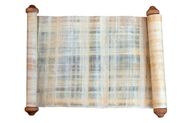 Papyrus scroll of a light brown, white and grey colors. Isolated on white background. Free space to...