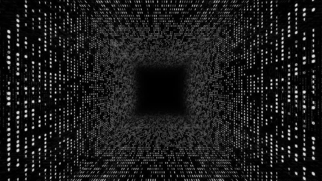 Abstract background with flying into digital tunnel from flickering particles, digits 0 and 1 as binary code and plexus of network. Animation of seamless loop.