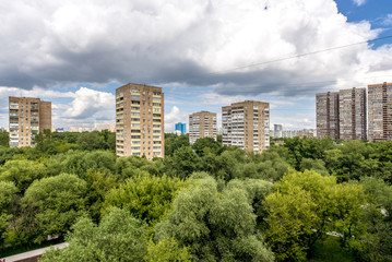 Streets and residential buildings in Moscow from a height view from above panorama
