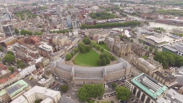 Aerial view of Bristol Cathedral & City Hall, drone shot