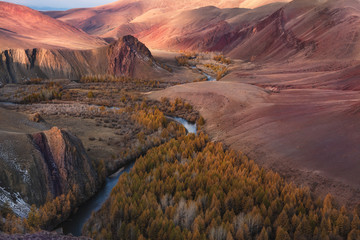 Fantastische überirdische &quot Mars&quot -Landschaft einer der schönsten Regionen Russlands - Aitai-Gebirge. Die Grenze zwischen der Mongolei und Russland, die Kokorya-Schlucht: Zahlreiche Aufschlüsse aus rotem und farbigem Ton