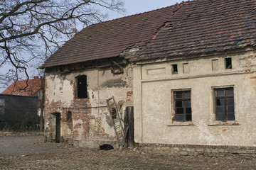stary dom do remontu, podupadłe gospodarstwo, wierny pies pilnujący starego opuszczonego domu, restrukturyzacja rolnictwa
