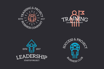 Set of retro vintage human resources, teamwork, customer support, company security, success logo or insignia, emblems, labels and badges and other branding objects. Vector line style