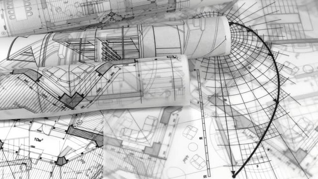 rolls of blueprints - drawing of the golden section and drawings of antique decorative elements of architectural orders / seamless looping	