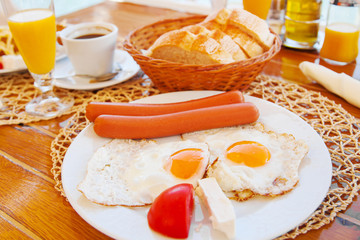 Traditional breakfast with fried eggs and sausages