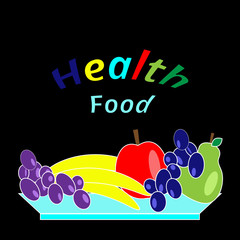 A plate of fruit - grapes, an apple, a pear, a banana. Proper nutrition. Healthy lifestyle. Vegetarianism. Illustration