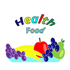 A plate of fruit - grapes, an apple, a pear, a banana. Proper nutrition. Healthy lifestyle. Vegetarianism. Illustration