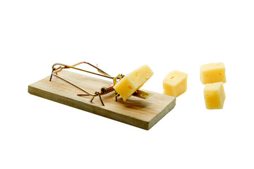 A mousetrap with a slice of cheese and a few slices of cheese next to a mousetrap. A wooden...
