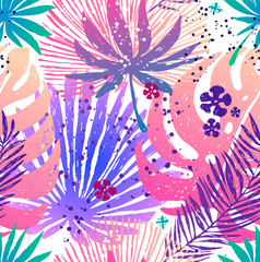Seamless trendy pink pattern with exotic palm leaves and Monstera. Vector botanical illustration, design element for for fabric, wrapping paper, congratulation cards, print, banners and others