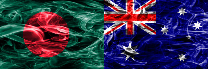 Bangladesh vs Australia smoke flags placed side by side. Thick colored silky smoke flags of Bangladesh and Australia