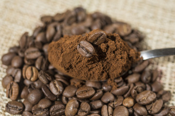Macro of a coffee bean in roasted coffee grounds.