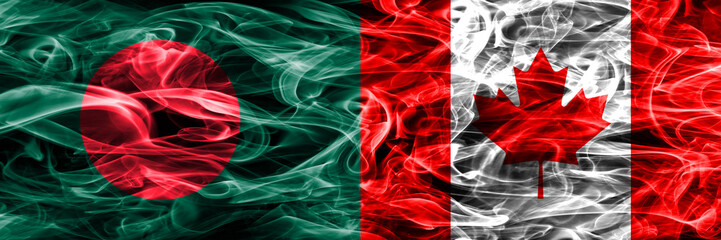 Bangladesh vs Canada smoke flags placed side by side. Thick colored silky smoke flags of Bangladesh and Canada
