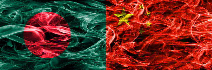 Bangladesh vs China smoke flags placed side by side. Thick colored silky smoke flags of Bangladesh and China