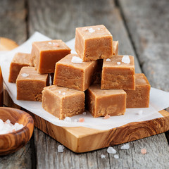 Salted caramel pieces and sea salt. Golden Butterscotch toffee caramels. 