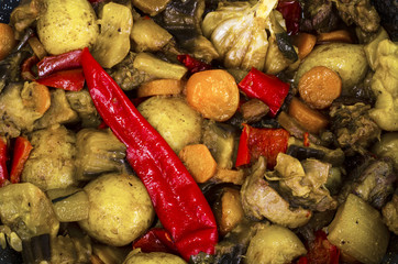 Uzbek cuisine. Fried vegetables with meat