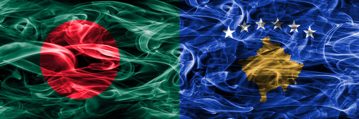 Bangladesh vs Kosovo smoke flags placed side by side. Thick colored silky smoke flags of Bangladesh and Kosovo