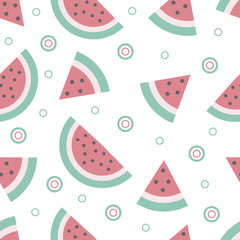 Seamless pattern of pink and light green watermelon slices with grey seeds. Vector illustration colorful isolated on white background 