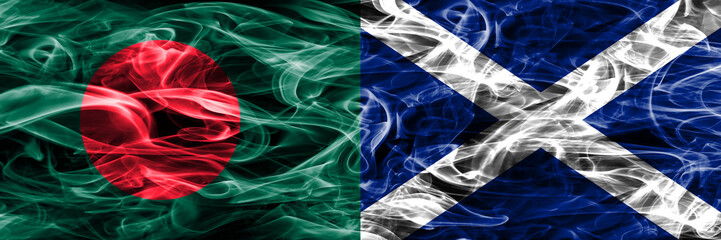 Bangladesh vs Scotland smoke flags placed side by side. Thick colored silky smoke flags of Bangladesh and Scotland