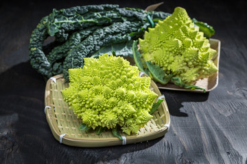 Romanesco broccoli on wooden table