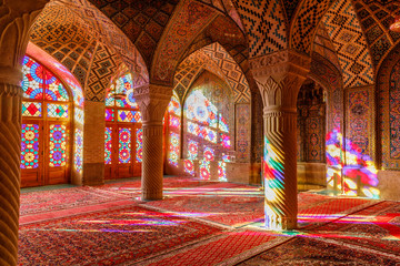 Islamic Republic of Iran. Shiraz. Nasir al-Mulk Mosque, the Pink Mosque located in Gawd-i Araban...