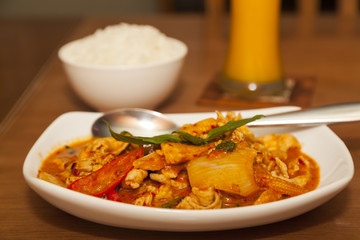 Chinese food; spicy chicken with mixed vegetables