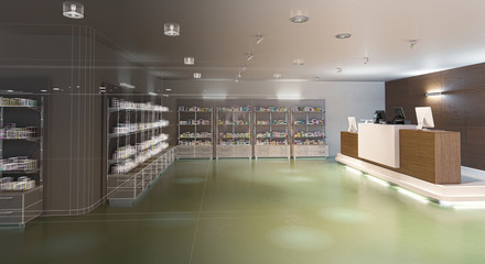 Progetto Farmacia, Industria Farmaceutica, Prodotti, Farmaci, Medicine, Illustrazione 3d, BIM