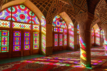 Obraz na płótnie Canvas Islamic Republic of Iran. Shiraz. Nasir al-Mulk Mosque, the Pink Mosque located in Gawd-i Araban quarter, near Shah Cheragh Mosque. 09 March 2018
