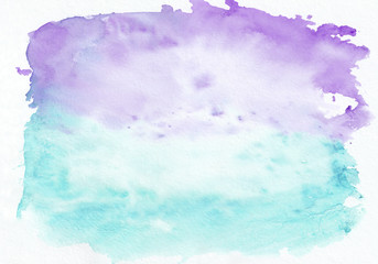 Purple (or amethyst) and turquoise (sky blue) mixed watercolor horizontal gradient background. It's useful for greeting cards, valentines, letters. Abstract art style handicraft pattern.