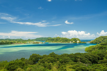 Scenery aerial view of Koror Island, turquoise water, tropical forest trees and Pacific ocean