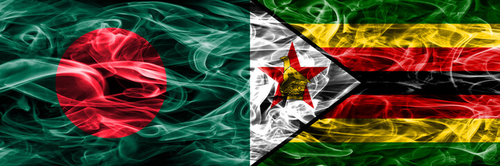 Bangladesh vs Zimbabwe smoke flags placed side by side. Thick colored silky smoke flags of Bangladesh and Zimbabwe