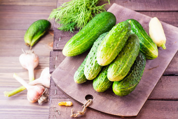 A bunch of fresh cucumbers, dill and garlic on a wooden table. Rustic style
