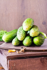 A bunch of fresh cucumbers, dill and garlic on a wooden table