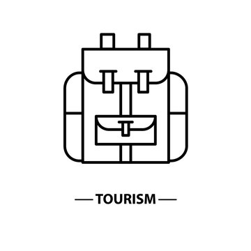 Vector icon with backpack. Mountain tourist equipment. Hiking, camping, mountaineering, outdoor sports backpack.
