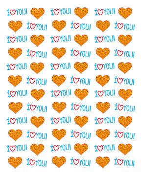 Fototapeta Cartoon background from stylized colorful hearts and inscriptions "I love you". Vector picture.