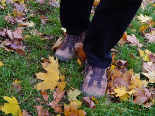 Männerfüße in Wanderschuhen durch Herbstlaub