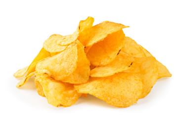 Bunch of potato chips close up on a white. isolated.