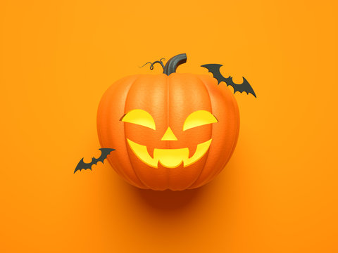 Halloween home decorations with bat and pumpkin for trick or treat. 3d render