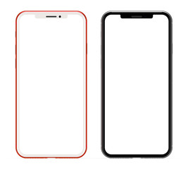 Red and silver smartphones with blank screen, isolated on black background.