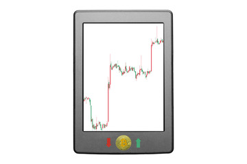 Tablet with control panel of growth of price of crypto currency bitcoin. Chart of stock exchange on tablet screen. Concept photo. Isolated white background