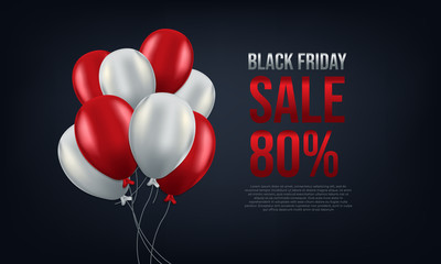 Black Friday with red and white balloons with 80% discount